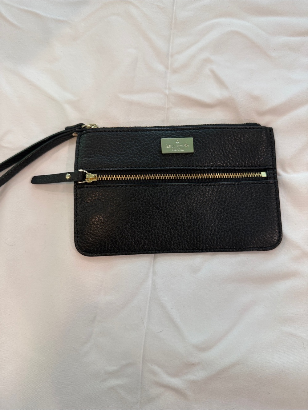 kate spade Black Pebbled Leather Wristlet with Gold Accents